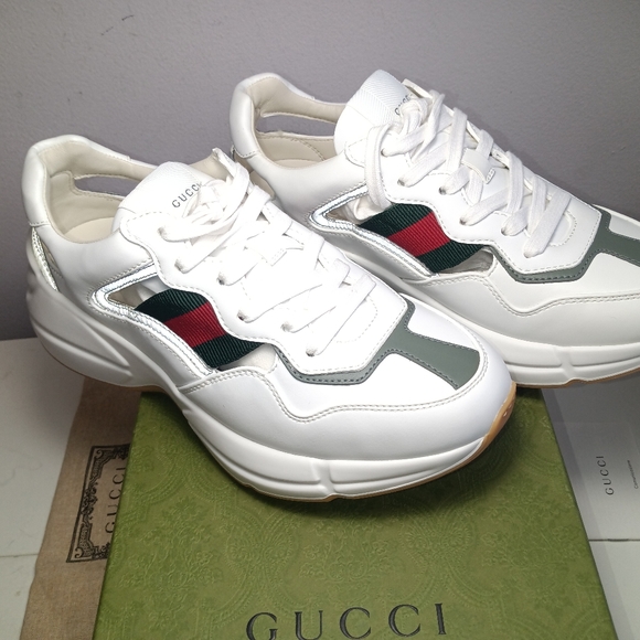 NEW GUCCI RHYTON EVOLUTION CUT-OUT SNEAKERS WHITE WEB LOGO SZ 38.5 - Picture 10 of 16